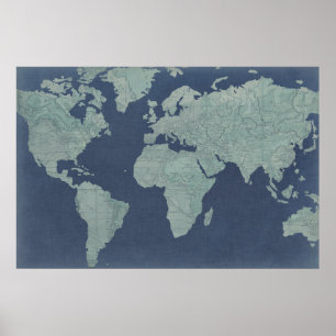 Pôster Mapa do Mundo de Linen Azul