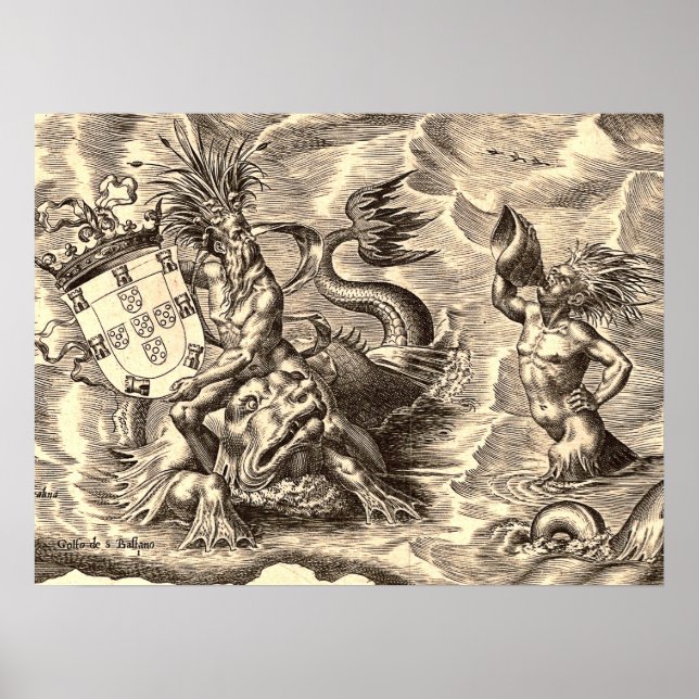 Pôster Mapa do Mundo de Poseidon e Golfinhos (Frente)