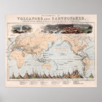 Mapa do Mundo de Volcano e Terremoto Vintage (1852
