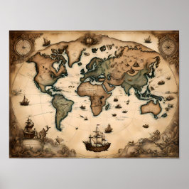 Poster Mapa do Mundo do Século XVII, Arte Histórica
