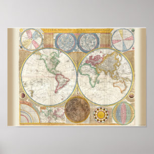 Pôster Mapa do mundo do vintage e carta da astronomia