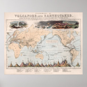 Poster Mapa do mundo do vulcão e do terremoto do vintage