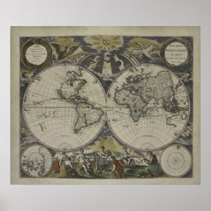 Poster Mapa do mundo dobro   1672 do hemisfério