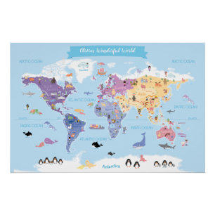 Pôster Mapa do mundo doce e bonito das crianças