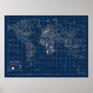 Poster Mapa do mundo dos azuis marinhos