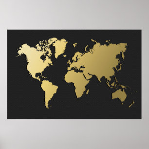 Poster Mapa do mundo Dourado em Chevron preto
