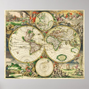 Pôster Mapa do mundo em 1689 por Gerard camionete Schagen