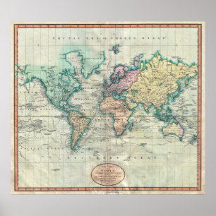 Pôster Mapa do Mundo em Projeção Mercator em 1801