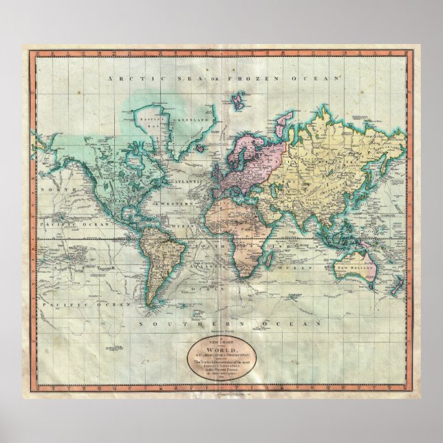 Pôster Mapa do Mundo em Projeção Mercator em 1801 (Frente)