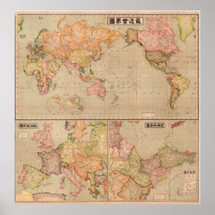 Poster Mapa do mundo japonês antigo 1914
