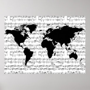 Pôster mapa do mundo negro com notas musicais