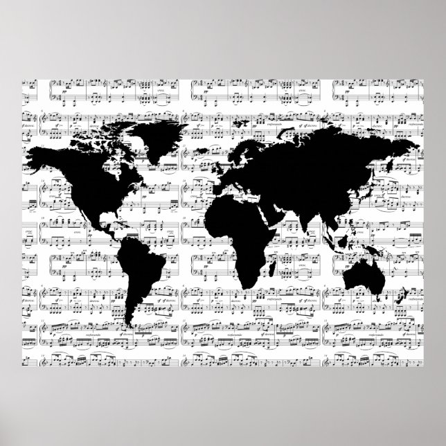 Pôster mapa do mundo negro com notas musicais (Frente)
