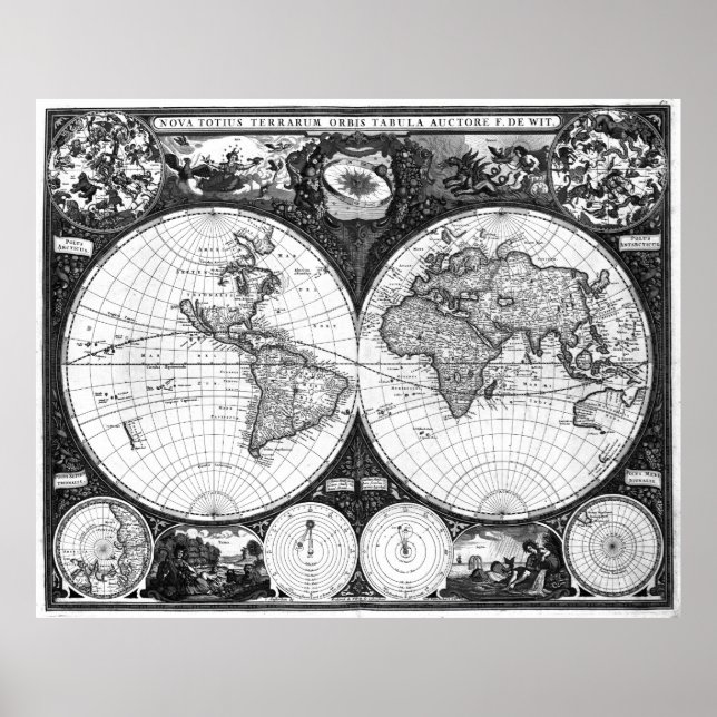 Poster Mapa do Mundo Negro e Branco (1665) (Frente)