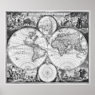 Pôster Mapa do Mundo Negro e Branco (1670)