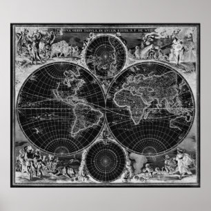 Poster Mapa do Mundo Negro e Branco (1670) Inverso
