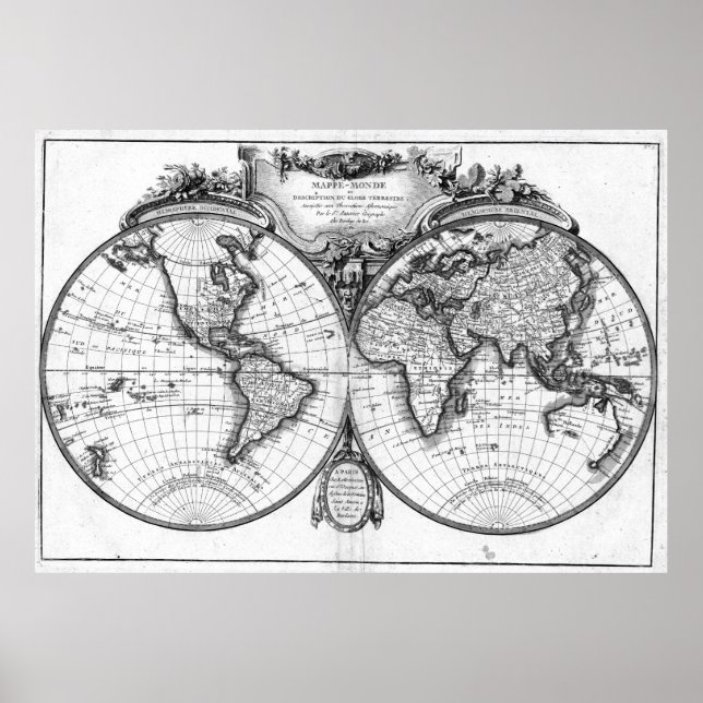 Poster Mapa do Mundo Negro e Branco (1782) (Frente)