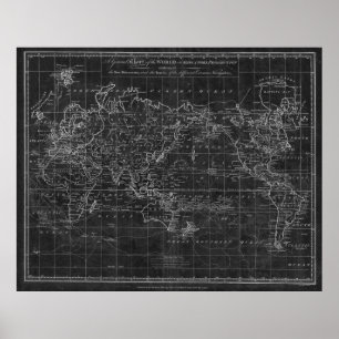 Pôster Mapa do Mundo Negro e Branco (1799) Inverso