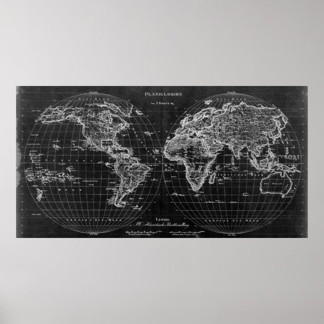 Poster Mapa do Mundo Negro e Branco (1827) Inverso (Frente)
