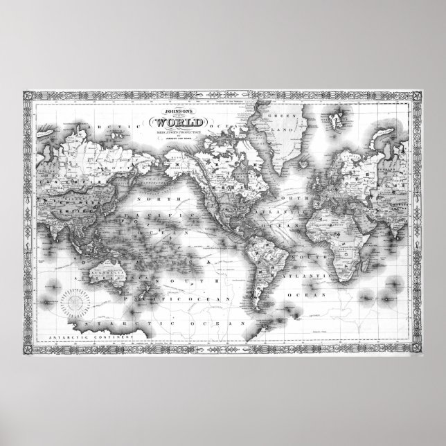 Poster Mapa do Mundo Negro e Branco (1864) 2 (Frente)