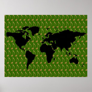 Pôster mapa do mundo preto com notas musicais