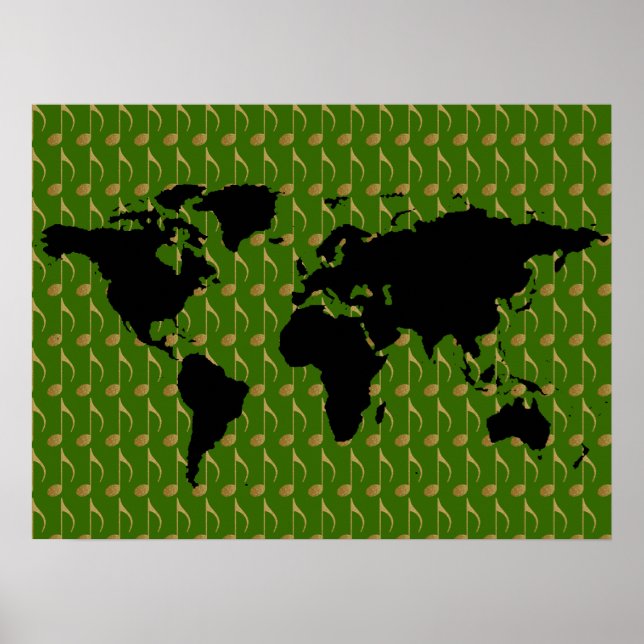 Pôster mapa do mundo preto com notas musicais (Frente)