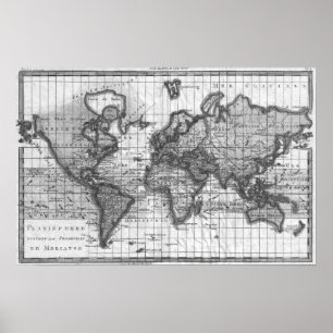 Poster Mapa do mundo preto e branco (1780)