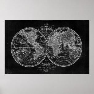 Pôster Mapa do mundo preto e branco (1842)