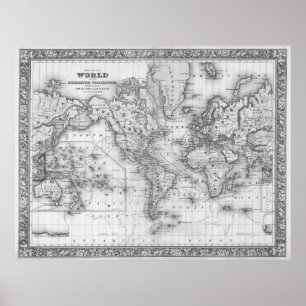 Pôster Mapa do mundo preto e branco (1864)