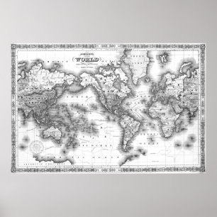 Poster Mapa do mundo preto e branco (1864) 2