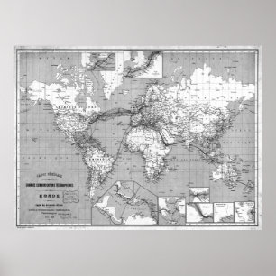 Pôster Mapa do mundo preto e branco (1898)