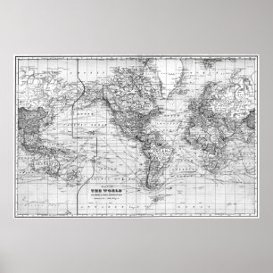 Pôster Mapa do mundo preto e branco (1901)