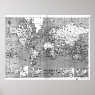Pôster Mapa do mundo preto e branco (1918)
