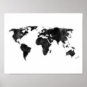 Poster Mapa do mundo preto e branco da aguarela
