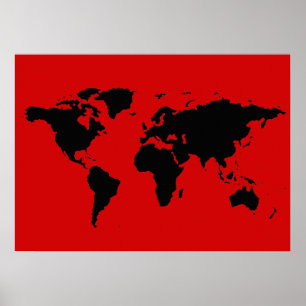 Pôster mapa do mundo preto e vermelho