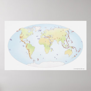 Pôster Mapa do mundo que mostra locais da atividade