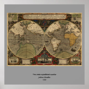 Poster Mapa do Mundo Vintage em 1595 por Jodocus Hondius