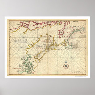 Poster Mapa do nordeste 1639 dos EUA da costa