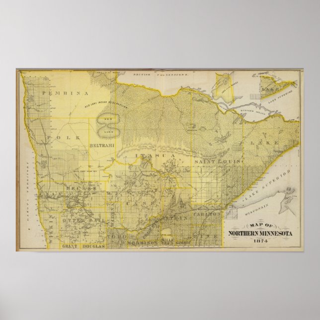 Pôster Mapa do Norte Minnesota, 1874 (Frente)