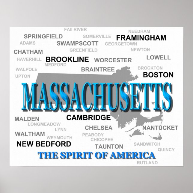 Pôster Mapa do Orgulho Estatal das Cidades de Massachuset (Frente)