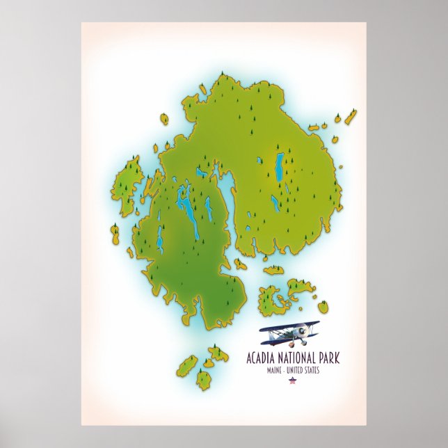 Poster Mapa do Parque Nacional Acadia, Maine. Mapa de via (Frente)