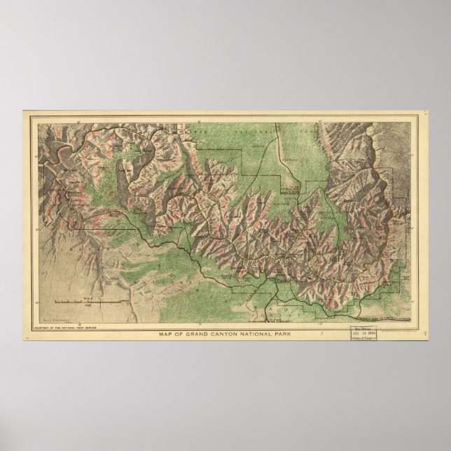 Pôster Mapa do Parque Nacional do Grand Canyon em 1926 (Frente)