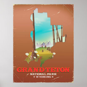 Poster Mapa do Parque Nacional do Grand Teton Wyoming
