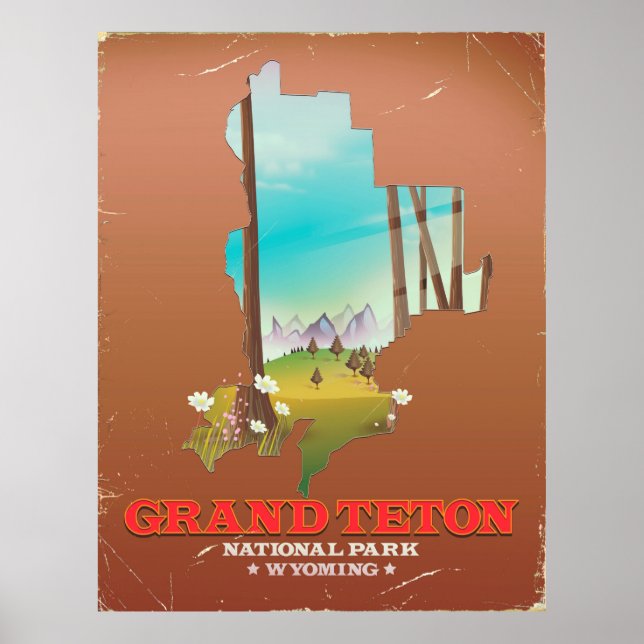 Poster Mapa do Parque Nacional do Grand Teton Wyoming (Frente)