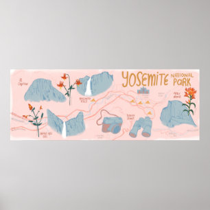 Poster Mapa do Parque Nacional Yosemite, a rosa,