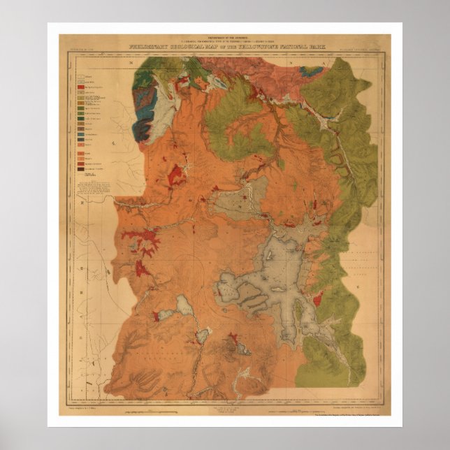 Pôster Mapa do Parque Yellowstone 1878 (Frente)