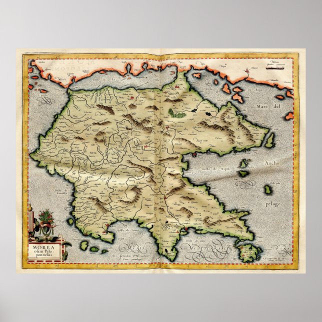 Pôster Mapa do Peloponeso da Vintage (1596) (Frente)