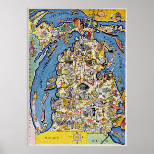 Pôster Mapa do Pictorial Michigan de 1930