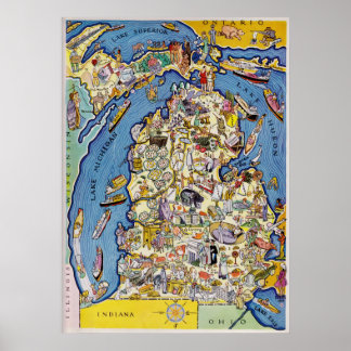 Pôster Mapa do Pictorial Michigan de 1930