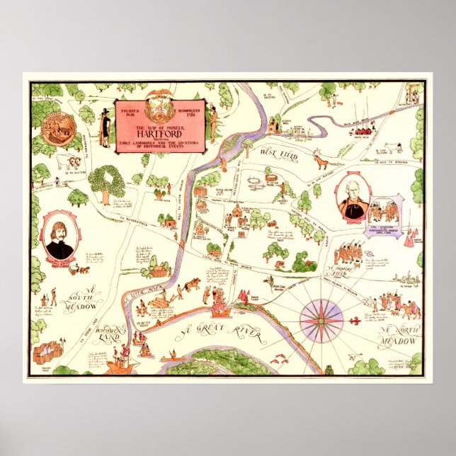 Poster Mapa do pioneiro Hartford, CT na década de 1600 (Frente)