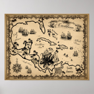 Pôster Mapa do pirata do caribe com Kraken